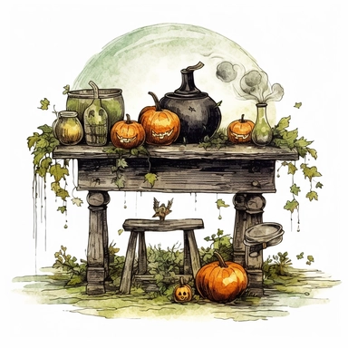 picturesque scene, watercolor and ink style, witches bench with crystal ball, potions, wand, cauldron and herbs, clipart on plain white background, Halloween vibes, super scary cute in high detail ultra precision 16k HD, clean crisp brushwork, painted by Beatrix Potter