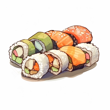 anime four sushi rolls clipart, flat style, no volume, few details, minimalistic style, very lose details, transparent colors, light airy hues and pastel tones, white background, visible rough paper texture, do not cross workspace borders