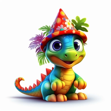create a cute rainbow color jungle and red baby dinosaur wearing a party cap, Pixar animation style, dark colors, deep eyes, and clipart on white background