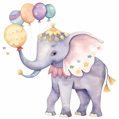 One cute decorated circus elephant clipart, style as seen on Etsy. Cartoonish appearance with exaggerated body proportions, but atomically correct limb positions and number. Perfect for decorating a baby's nursery. Varied bright pastel watercolors, loose, gestural brush strokes. Dreamy, ethereal, lively, playful. Lots of cute details, such as stars, balloons, drums, hats, flags and unicycles. Decorative patterns, like polka dots, stripes and floral designs. Enchanting, whimsical, heartwarming, t