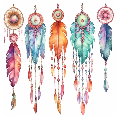 Set of watercolor Boho Tassel Garlands Clipart - fantasy tribal beaded feather, isolated white background