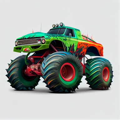 green with red flame decals monster truck in the style of Jean Giraud clipart png