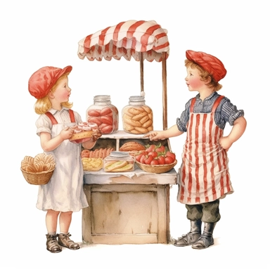 Cute french - style a farmer children selling strawberry bakery stand clipart, 1940, strawberry bakery, distinguished bakeries, detailed bakery, watercolor, realistic watercolor painting in storybook illustration, pencil drawing by Angela Barrett, Elsa Beskow, highly detailed, 8k, high resolution, crisp details, white background