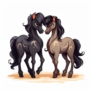 Cartoon black horse couple love clipart, high detail, illustration style, high solution, on the white background