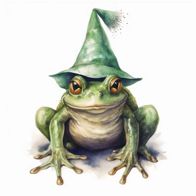 hyperrealistic high detailed green witch frog, watercolor clipart, white background