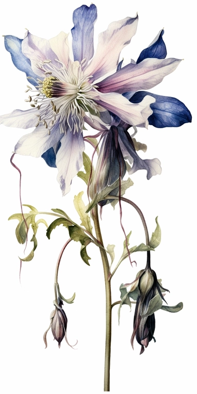 Watercolor Painting of SINGLE STEAM Columbine bouquet FLOWER on white background beautiful multi - headed pale, Flora Design Patterns, Flemish Baroque by Rachel Ruysch, Behance, Rococo, Intricate Detailed, Soft Light Effect, Oil Paint Strokes, Light Academia Aesthetic Flowers, Lighting cinematic, all shown shimmering stamens, tyndall light, light effect, texture, colorful, 8k, fantasy, ray tracing, depth of field, vivid, spectacular lighting, octane rendering, highly detailed, ultra - realistic,