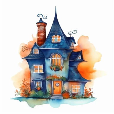 whimsical house, Vintage Witch Watercolor Clipart, dark blue and orange colors, white background