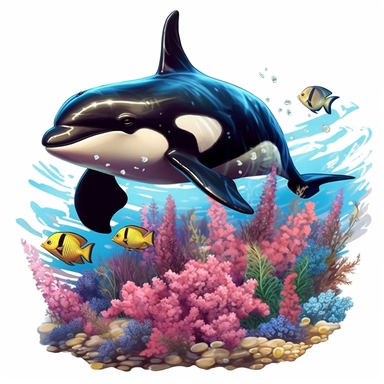 orca whale playing with fishes seabed, flowers real clipart on white background