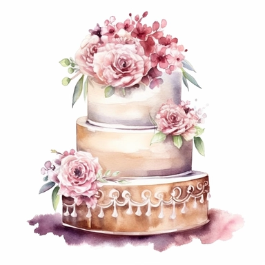 Create a stunning watercolor clipart featuring an exquisite and intricately designed wedding cake. Use a vibrant color palette to bring out the beauty and elegance of the cake. Incorporate delicate details, such as intricate lace patterns, cascading flowers, and ornate tiers. Apply gentle brushstrokes and blending techniques to achieve a soft and dreamy watercolor effect.