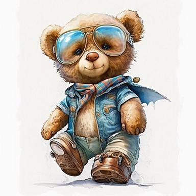 cute teddy bear, clipart, drive airplane, small full body, wearing blue jeans shirt, eye goggles,watercolor, in style of Gaston Bussière, white background
