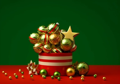3d render. Christmas ornaments and gift box isolated on red background. Bunch of green gold balls, white stars, candy cane. Seasonal festive clip art. Greeting card. Abstract holiday concept Hasselblad H6D 120mm lens f/16
