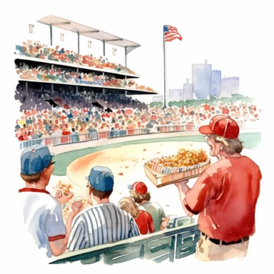 A retro-style baseball game at a local stadium, with spectators cheering and enjoying classic ballpark snacks, clipart, watercolor, white background, american style