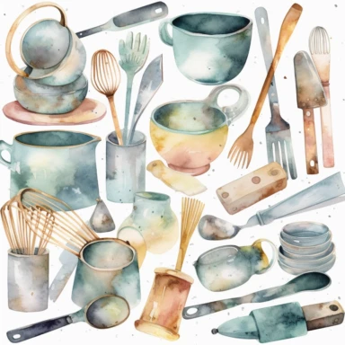 Create a watercolor clipart set of kitchen utensils and tools, including knives, spatulas, ladles, and measuring cups. Use pastel colors and subtle shading to give the images a soft, elegant look, white background