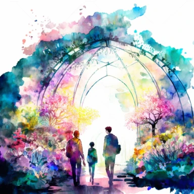 holographic spring flower garden with people exploring around. watercolor clipart. The garden is illuminated by natural light, creating a calming and inviting atmosphere. The colors are magnificent and beautiful, with vibrant shades blending together seamlessly. The composition shows a wide view of the garden, with a variety of holographic flowers in bloom and people walking around, admiring the beauty of nature. It's a stunning and serene scene that captures the essence of spring and the joy of