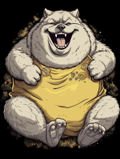 Obese wolf with smiley t-shirt. Clipart-style. High detailed. Color contrast. Super-Resolution