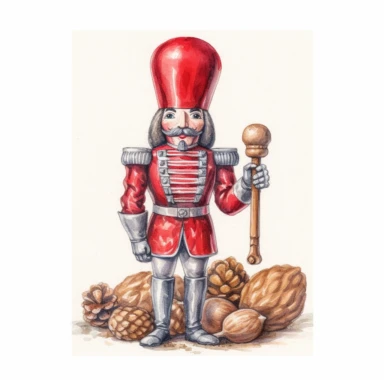 Christmas Nutcracker, Silver and Red, colors in watercolor pencil drawing style, on a white background, walnuts near the nutcracker, clipart, high details, hdr, hyperrealism