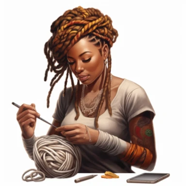 african american woman with midlength dreadlocks and tattoos with yarn surrounding her, holding a crochet hook working on a project hyperrealistic photorealistic clipart logo
