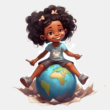 cartoon full figure children book illustration style, smiling, cartoon marvel comic book black sisters baby girl 5 years old, anime, beautiful cartoony 3D animation cartoon baby girl happy,smiling,dark black African-American, with wavy long tresses-jacket in the style of realistic color, palette, sitting on the world globe,studio portrait, bold curves, Crisp and clean look style full body,on white background, clipart