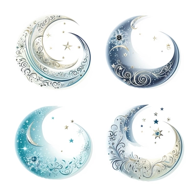 beautiful moon symbols in white, pale blue and silver, white background, vector-style, clipart collection