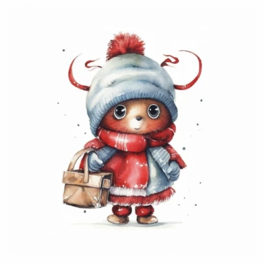 Watercolor, cute Christmas lady bug, with a red hat, coat and sack of gifts, PNG, winter, nursery, cartoon, highly detailed, watercolor, very high details, white background, clipart style