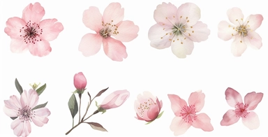 watercolor flowers, cherry blossom in different positions, single flower bloom, clipart, delicate markings, ornamental details, realistic