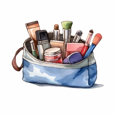 Watercolor hand drawn , illustration of small make up bag, in the style of character studies, sopheap pich clipart ,single object,high definition 8k, white background for removing background