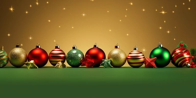 Christmas ornaments isolated on gold background, horizontal border. Round gift box, green red glass balls, lights, star, snowflakes, fir tree twigs, candy cane. Winter holiday clip art. Seasonal decor. Hasselblad H6D 120mm lens f/16