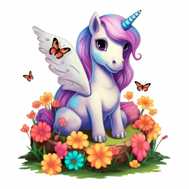 Clipart of Super cute little unicorn colorful sitting on the gross and flower with butterflies around him, isolated