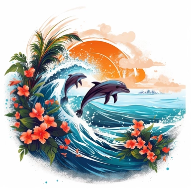 print artwork of majestic palm trees in digital painting style, dolphins jump, close view, big sea waves, water splashes, white background, colorful fantasy flower sorround, highly detailed clean, vector image, photorealistic masterpiece, professional photography, realistic, flat white background, isometric, vibrant vector, clipart, illustration, realism, 4k, , cinematic, front view, white background,