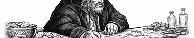 line drawing, thick lines, black and white, clip art style, a scene, a nobleman counting coins, 350DPI,