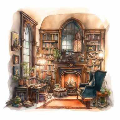 watercolor, hyper realistic, white background, white margins, 16k, ultra detailed clipart, cut out image, hand-drawn, whimsical A secluded library in a castle with a roaring fireplace, a comfortable leather chair, and antique books illuminated by candlelight.