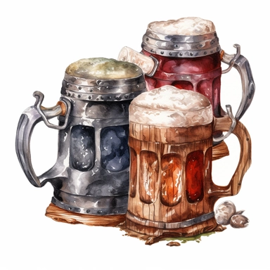 clip art, medieval wood beer mugs and stines, highly detailed, light watercolor, white background