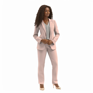 beautiful african woman, long hair, full-bodied view, wearing light pink and light business suit, realistic, clipart, 4k resolution, white background