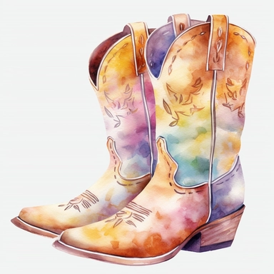 White background, Cowboy boots, clipart, Cowboy hat on shoes, pastel