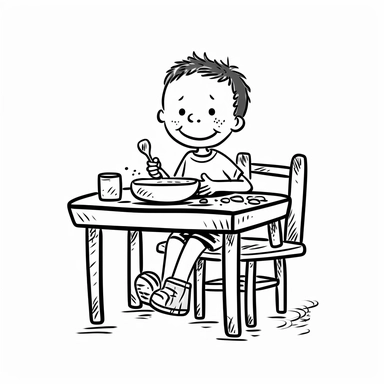 stick figure clipart, little boy stick figures, cute smiling, eating breakfast, sitting on a chair, breakfast on a table, isolated, black and white, low details, oneline art, white background,