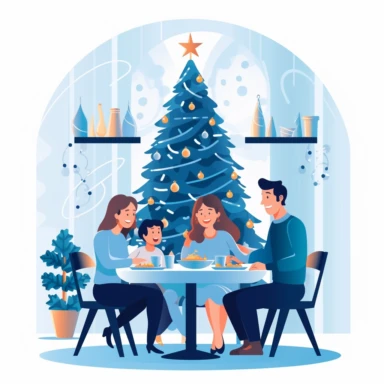 happy family near the Christmas tree parents grandparents and child has a Christmas dinner at home serene feeling blue colors flat illustration clipart white background