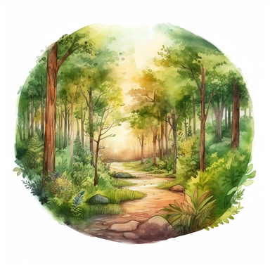 a watercolor of a realistic scenery of the center of the earth forrest, cottagecore style, vector free clipart illustration, in the style of unreal engine 5, 32k uhd, detailed features, white background