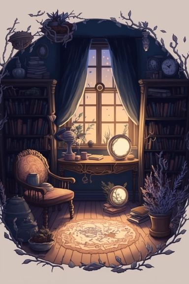 cozy living room of a witch, high detailed drawing, window in center of room, a lot of clutter, high texture, bookcases, sagging armchair, tea cups, ancient tomes, dusty, cool atmosphere, cinematic, realistic light, magical realism, flowers, clipart, fantasy, whimsical, dreamy