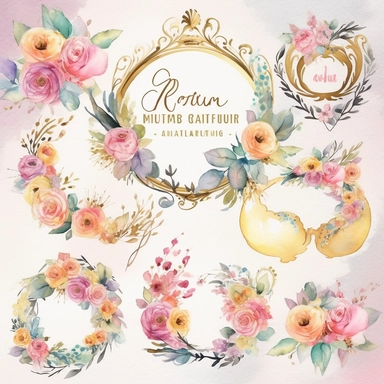 6 watercolor fancy mothers day clipart, isolated on white background,space out--ar3:2--s1000
