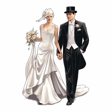 Bride and groom full body, fancy bride dress, high level of detail, vector clipart, white background