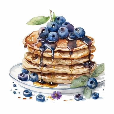 blueberry pancakes, watercolour clipart, white background,