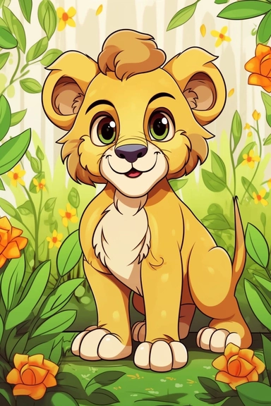 Cute Lion, savannah with flowers and green leaves, walt disney style, color, 4k, quality, detailed, clipart, clipart, sticker, cute, African landscape, pastel colors, smile, only black outline, cartoon black and white cartoon illustration happy high contrast, cartoon style illustration, children's book illustration
