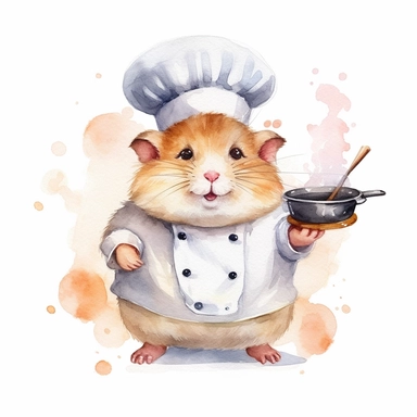 watercolor clipart, A cute chubby hamster, ultra detailed, wearing a chef's hat, Cooking food in the kitchen, tasty, white background, high solution