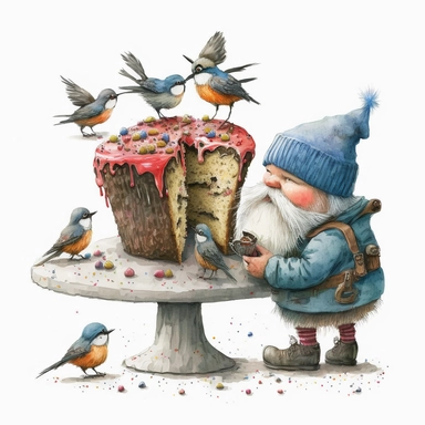 swedish gnome feeding small birds, bird cake, oat bushell, folk art, clipart, watercolor, painterly, white background