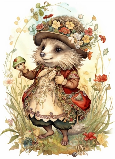 a cute hedgehog in a field wearing edwardian floral vibrant embroidered outfit , in the style of jody bergsma, 32k uhd, hand-painted details, charming character illustrations, dark brown and light beige, red/yellow,aquarellist, hd , white background clipart