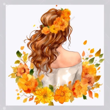 watercolor A woman's face, full body, back view White fabric leaves flowers Marigolds decorate hair, wedding dress with flowers Marigolds and leaves adorning her hair. hair up with flowers Marigolds vividly bold designs png Full body realistic cartoon in 32K UHD cute. 15 cm thick outline. . There was no shadow on the ground. 8k with realistic watercolors. and detailed illustrations. PNG clipart, transparent white background