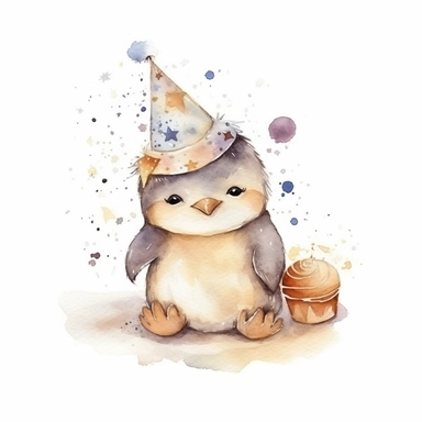 cute watercolor newborn soft beige baby penguin toy smiling with stars and birthday cake, watercolor effect, isolated white background, babyshower clipart, soft beige tones