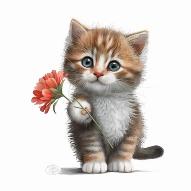 a cute cat holding beautiful flower clipart 300 dpi white background