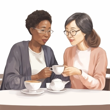 illustration clipart of Asian african american woman and her Asian Mother sitting at a cafe table having coffee, hyperrealistic, white background