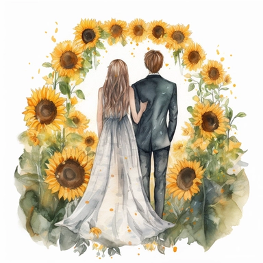watercolor The middle circle of newlyweds with their arms around in the park. back view Bridal veil with Sunflowers flowers and leaves adorning her hair. hair up with flowers vividly bold designs png realistic cartoon in 32K UHD cute. 15 cm thick outline. Black color. There was no shadow on the ground. 8k with realistic watercolors. and detailed illustrations. PNG clipart, transparent white background